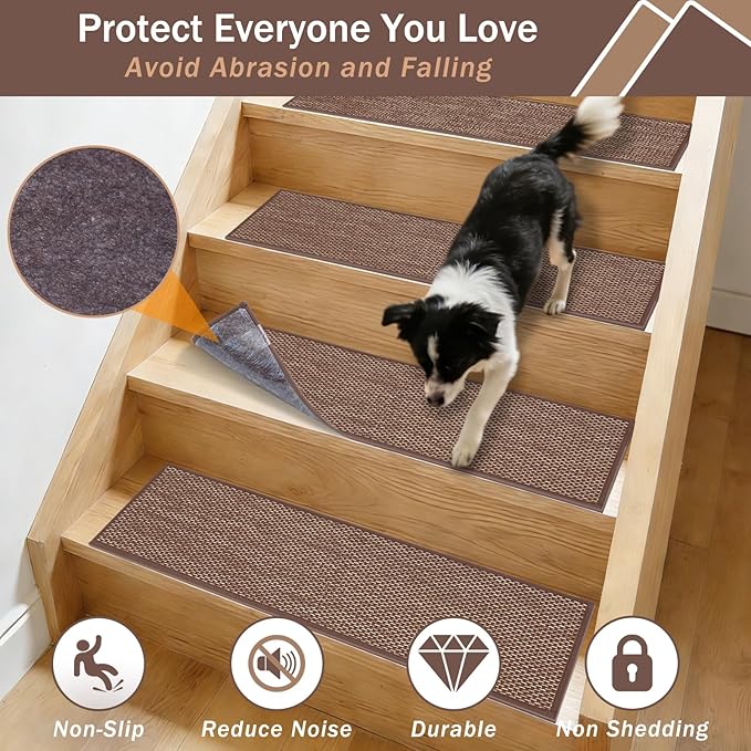 Non-Slip Stair Treads for Wooden Steps Indoor, 4 Pack 8x30in Carpet Stair Treads with Reusable Adhesive, Stair Runners for Wooden Steps Non Slip for Kids Elders and Pets,Machine Washable, Brown Weave