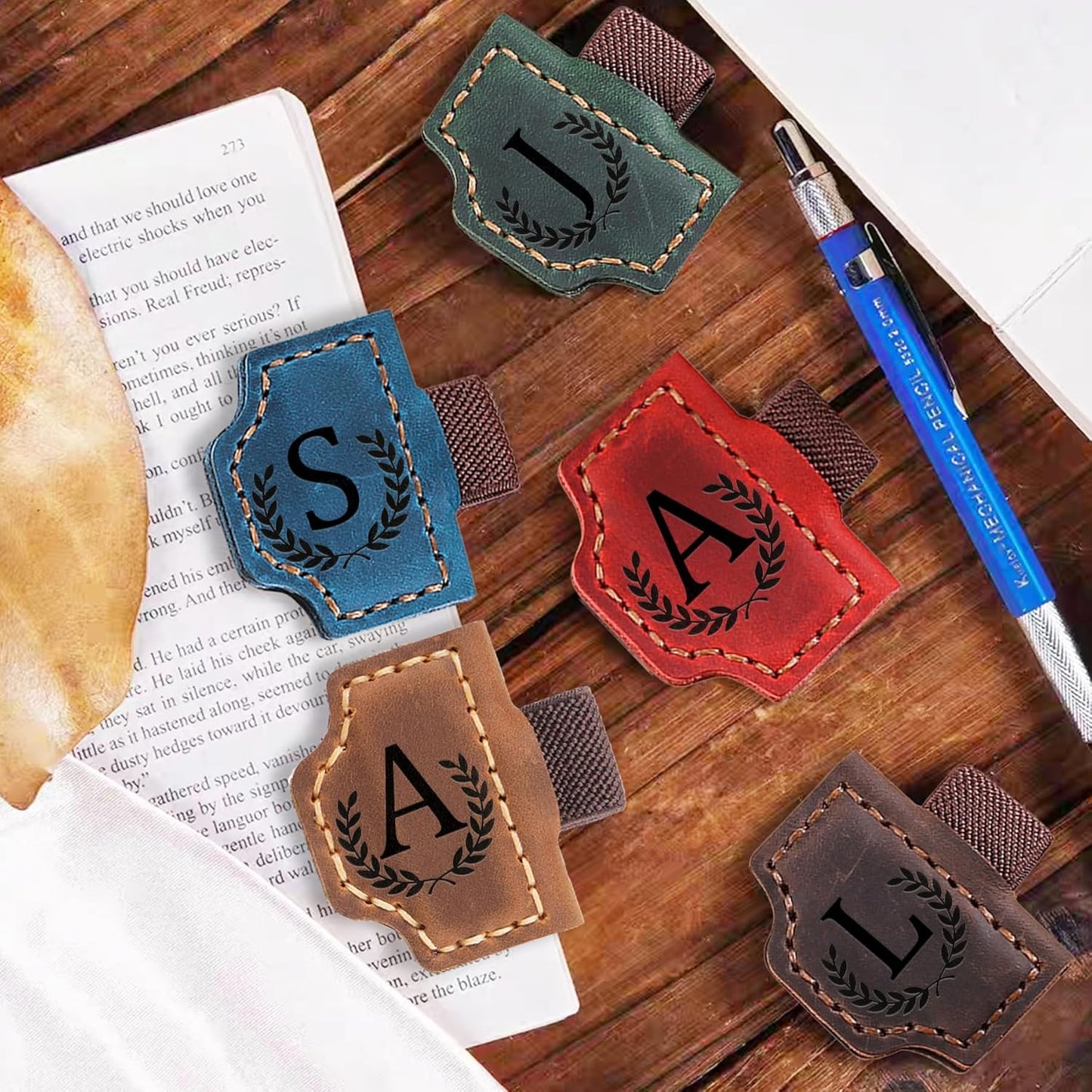 Bygone Mark Bookmark with Pen Holder, 26 Letters Name Initial Personalized Magnetic Bookmarks, Leather Book Mark for Men Women, Travelers Accessories, Teachers Readers Book Lovers Gifts (Blue, J)