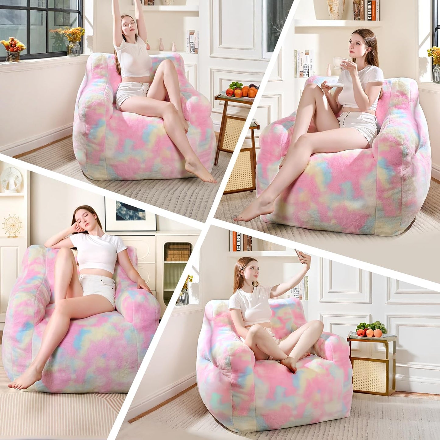 Large Bean Bag Chairs for Adults & Kids, 3FT Memory Foam Bean Bags with Filler, Ultra Soft Faux Fur Fabric - Fluffy Bean Bag Chair for Living Room Bedroom College Dorm (Colorful)