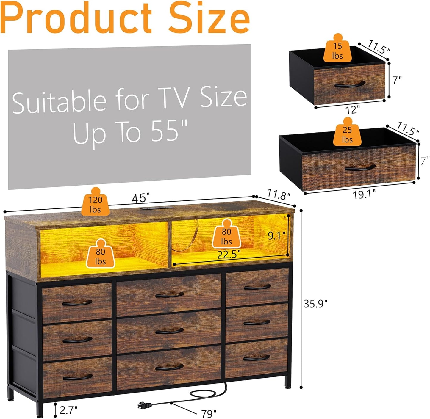 Dresser for Bedroom, Led Dresser TV Stand with Power Outlets and LED Lights, Long Fabric Dressers Wide Chest of Drawers with Large Organizer for Living Room, Entryway, Hallway,Rustic Brown