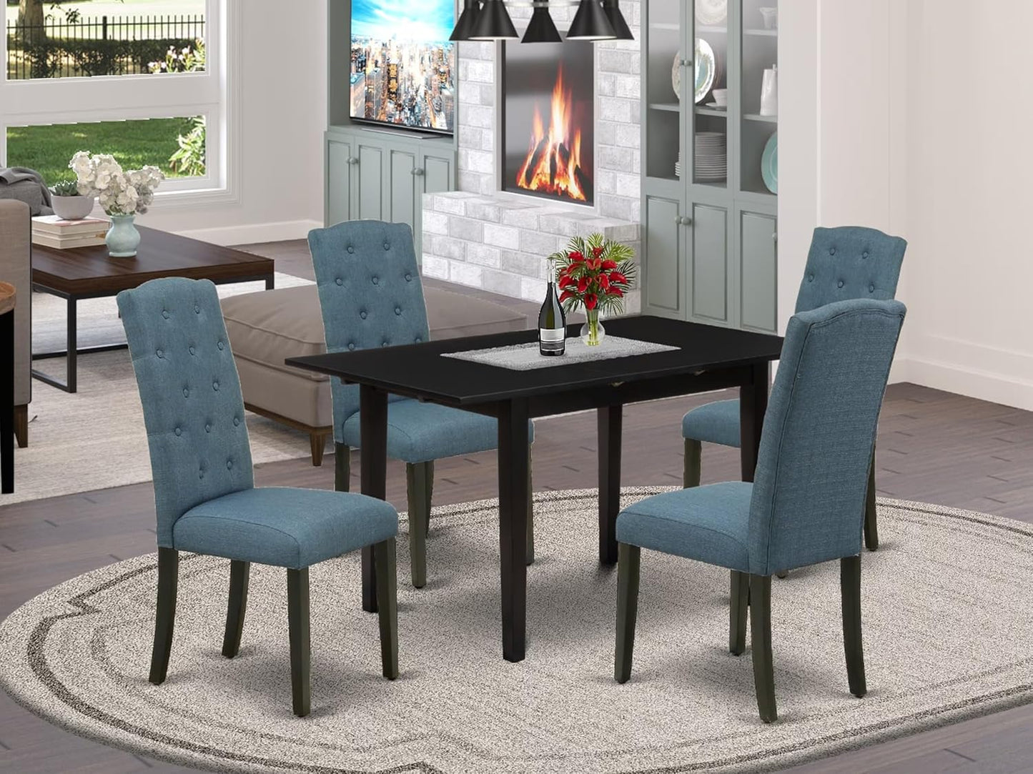East West Furniture NOCE5-BLK-21 5 Piece Kitchen Table Set for 4 Includes a Rectangle Dining Table with Butterfly Leaf and 4 Mineral Blue Linen Fabric Parsons Chairs, 32x54 Inch, Black