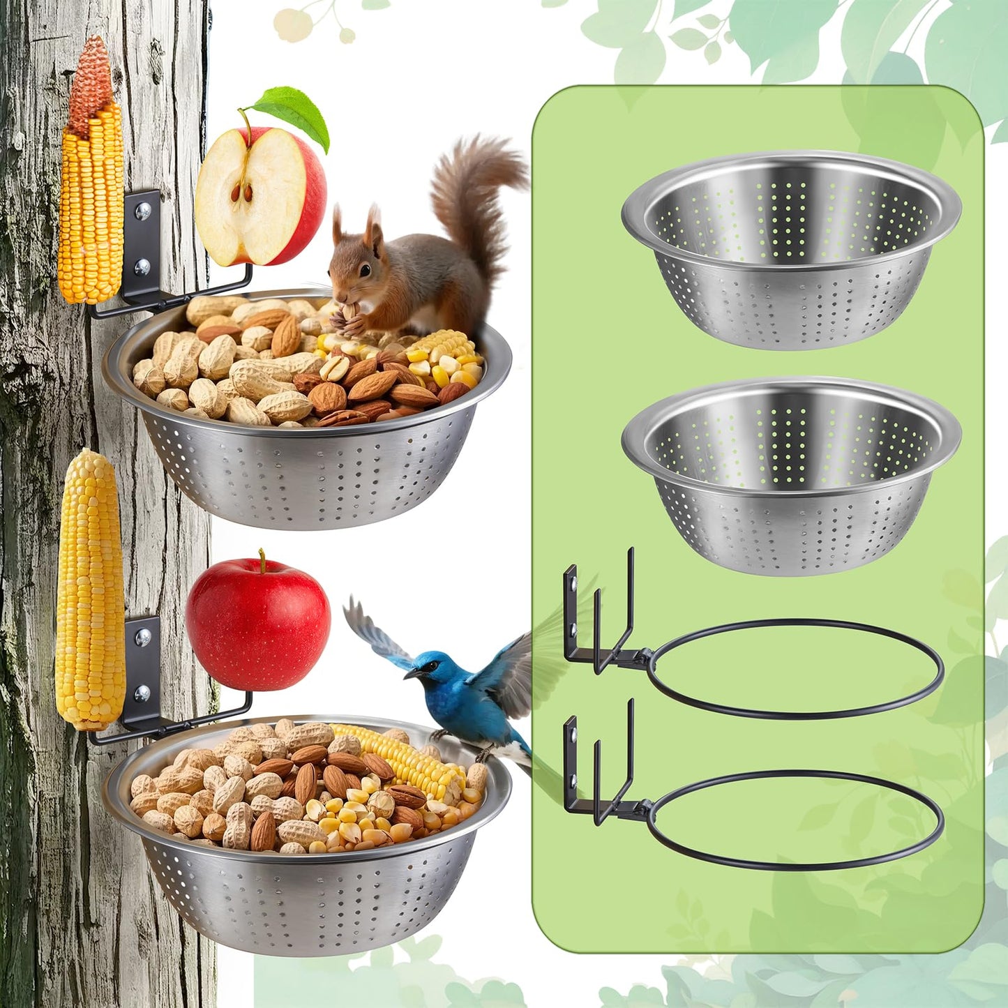 TKMSV 2 Pack Squirrel Feeders Tree/Fence Mounted, 8.5" Removable Colander Bowls (1.4L Each), 2 Corn Cob Spikes for Various Food, Perfect Metal Squirrel Feeders for Outside, Easy to Clean/Refill