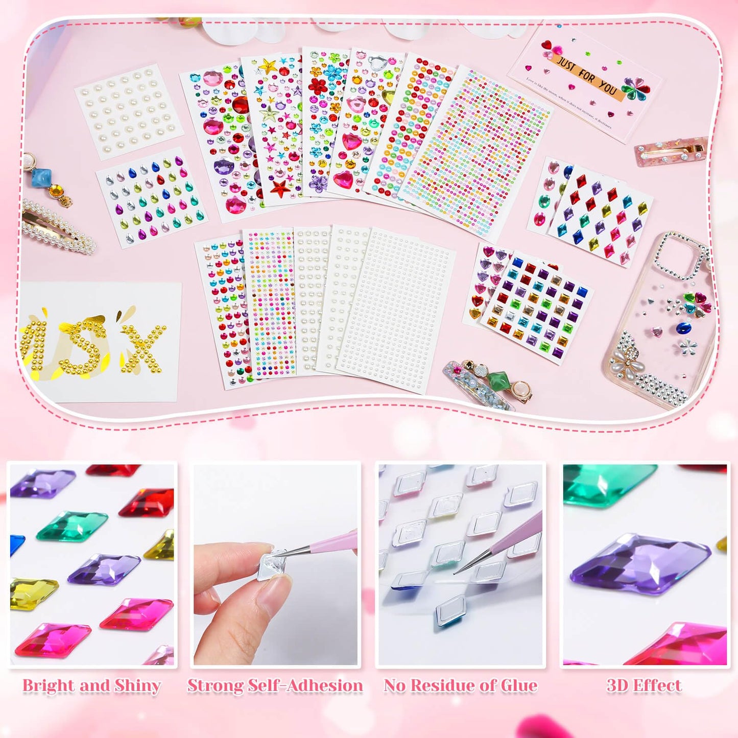 Lezmarket 3600PCS Gem Stickers, Rhinestone Stickers for Crafts, Sticky Pearls Jewels Stick on Gems Self Adhesive Sparkle Embellishments for Decoration