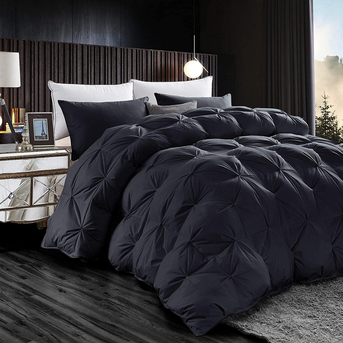 Luxurious All-Season Goose Down Feather Fiber Comforter Twin Size Duvet Insert, Exquisite Pinch Pleat Design, Premium Baffle Box, 100% Egyptian Cotton Cover, 50 oz. Fill Weight, Black
