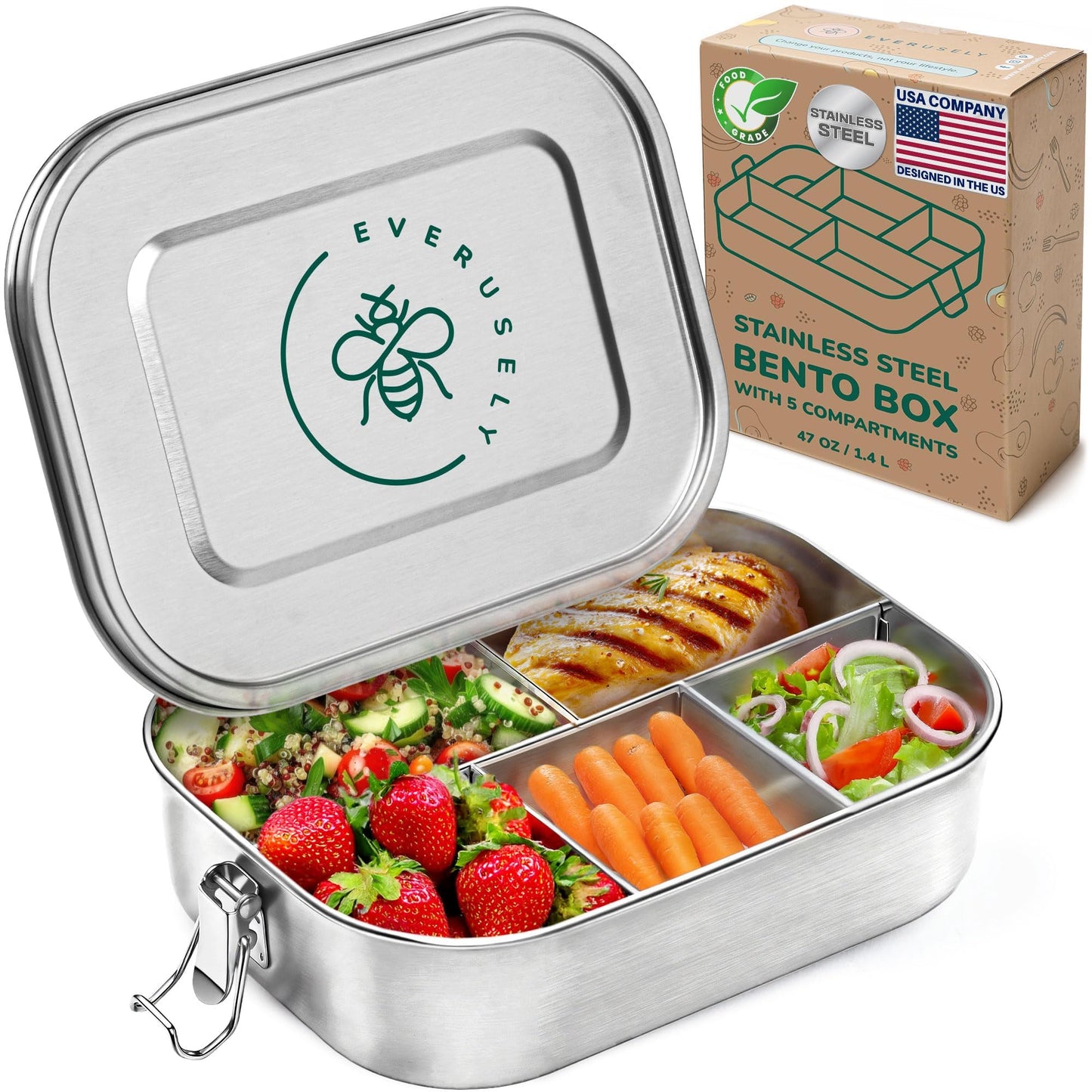 Everusely - Bento Box - Stainless Steel Lunch Box for Adults - 47 oz, 1.4 L - 5 Compartment Snack Container with Removable Silicone Seal + Secure Lock Clips - Non Plastic, Leakproof, Dishwasher Safe