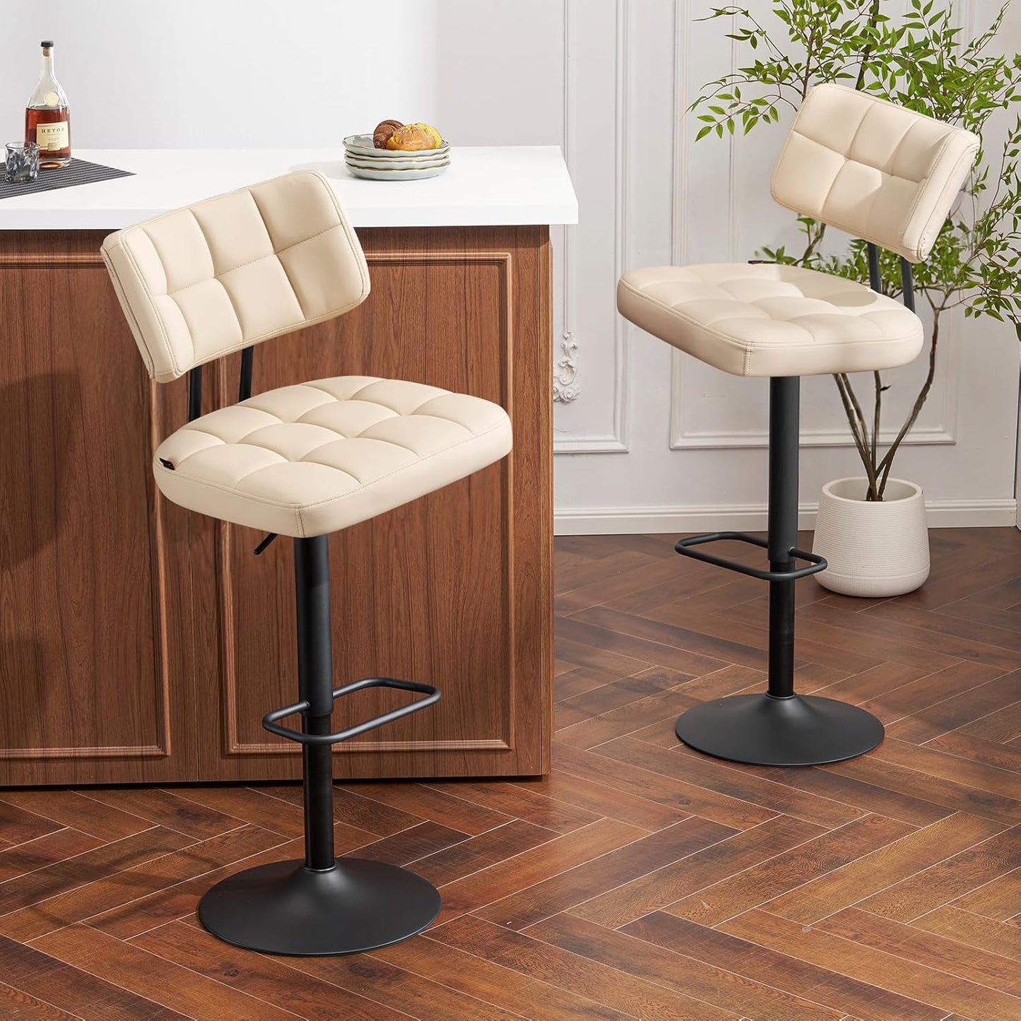 Furniliving Modern Bar Stools Set of 2 Faux Leather, Upholstered Swivel Barstools with Back, Adjustable Bar Chairs Counter Height for Kitchen Island, Dining Space, Beige