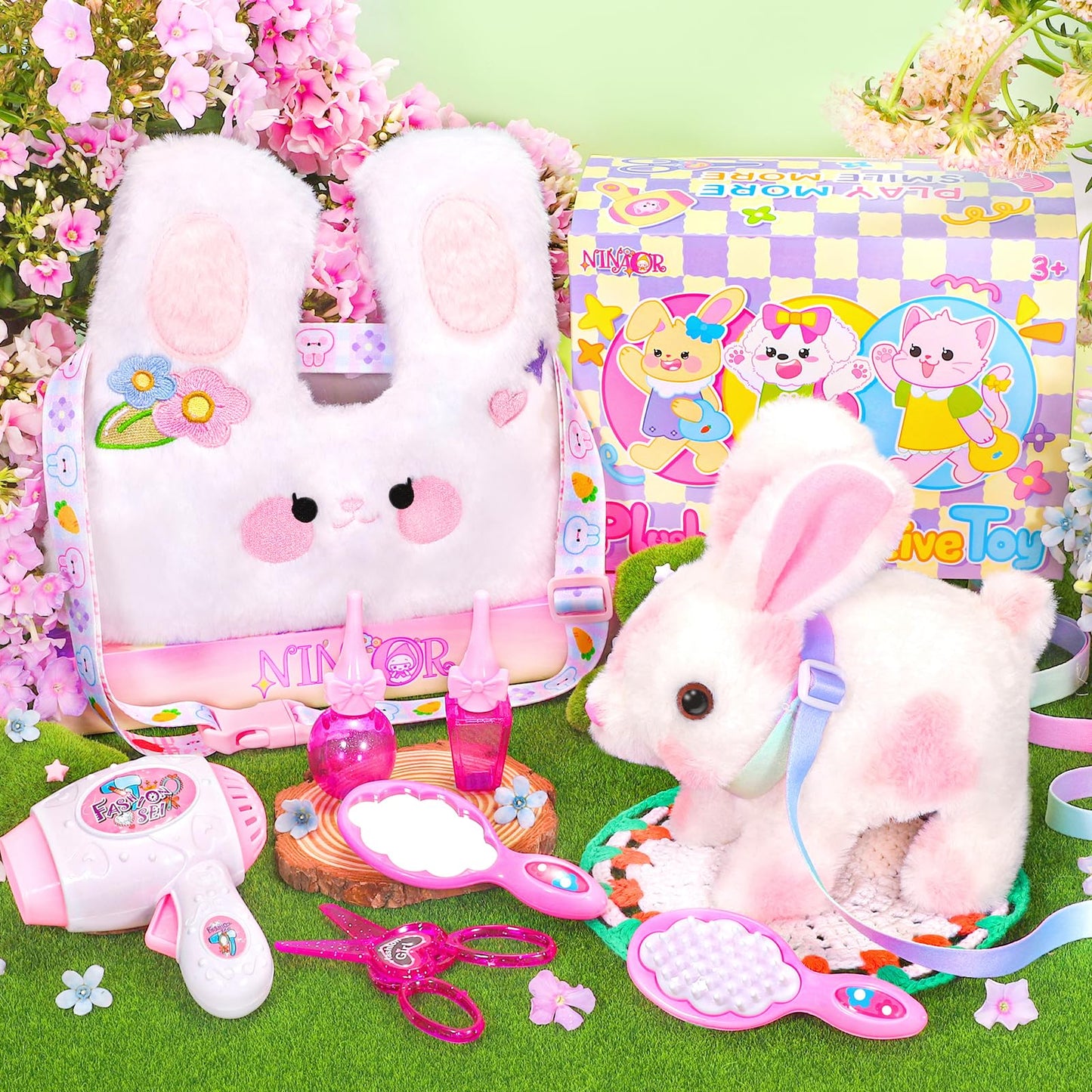NINAOR Easter Hopping Bunny Toy for Kids with Crossbody Bags, Interactive Wiggle Ears Rabbit Toy for Girls Trip Pretend Play Robot Pet Care Cute Stuff Plushies Birthday Gifts Easter Basket Stuffers