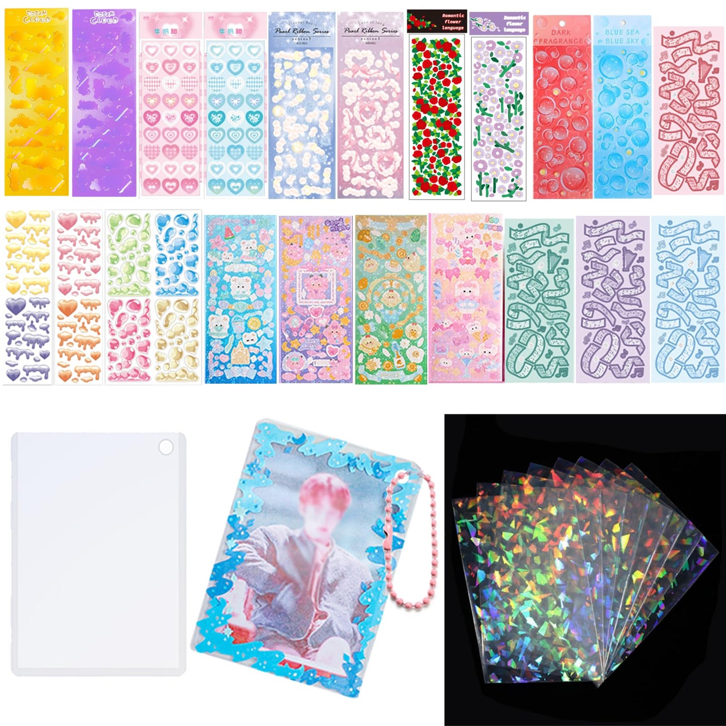 Lora Rossie 6 Kpop Photocard Holder Keychain Toploaders,50 Holographic Card Sleeves for Trading Cards Kpop Photocard,22 Ribbon Deco Korean Stickers for Photocards Binder Album Scrapbooking Top Loader