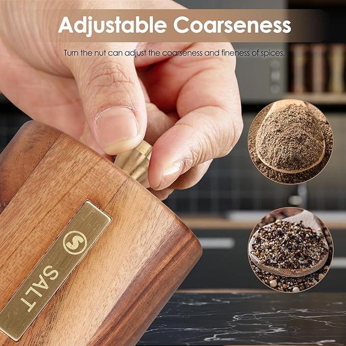 Wooden Salt and Pepper Grinder Set, 8 inch Manual Salt and Pepper Mill with Brush and Spoon, Adjustable Coarseness, Refillable Pepper Grinder for Kitchen, Brown