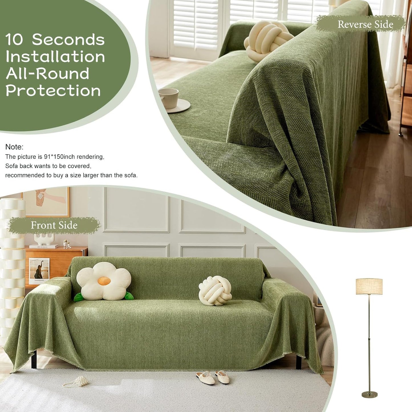 STACYPIK Matcha Green Sofa Cover Christmas Chenille Couch Covers Herringbone Sofa Covers for 3 Cushion Couch Thick Couch Covers Blanket Wear-Resistant Furniture Cover for Kids Dogs Decor-91X150IN