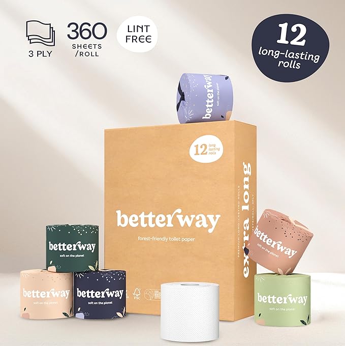 Betterway Bamboo Toilet Paper 3 Ply - Sustainable Toilet Tissue - 12 Double Rolls & 360 Sheets Per Roll - Septic Safe - Organic, Plastic & PFAS Free - FSC Certified