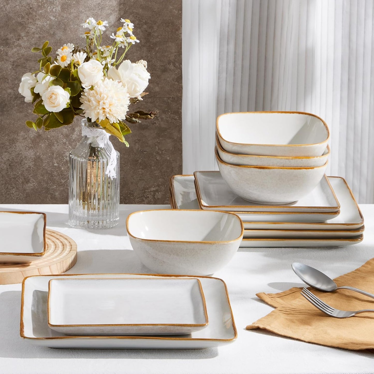 E-far Square Plates and Bowls Sets, 12-Piece Stoneware Dinnerware Sets for 4, Reactive Glaze Dish Set, Chip and Scratch Resistant, Microwave and Dishwasher Safe, Seashell White