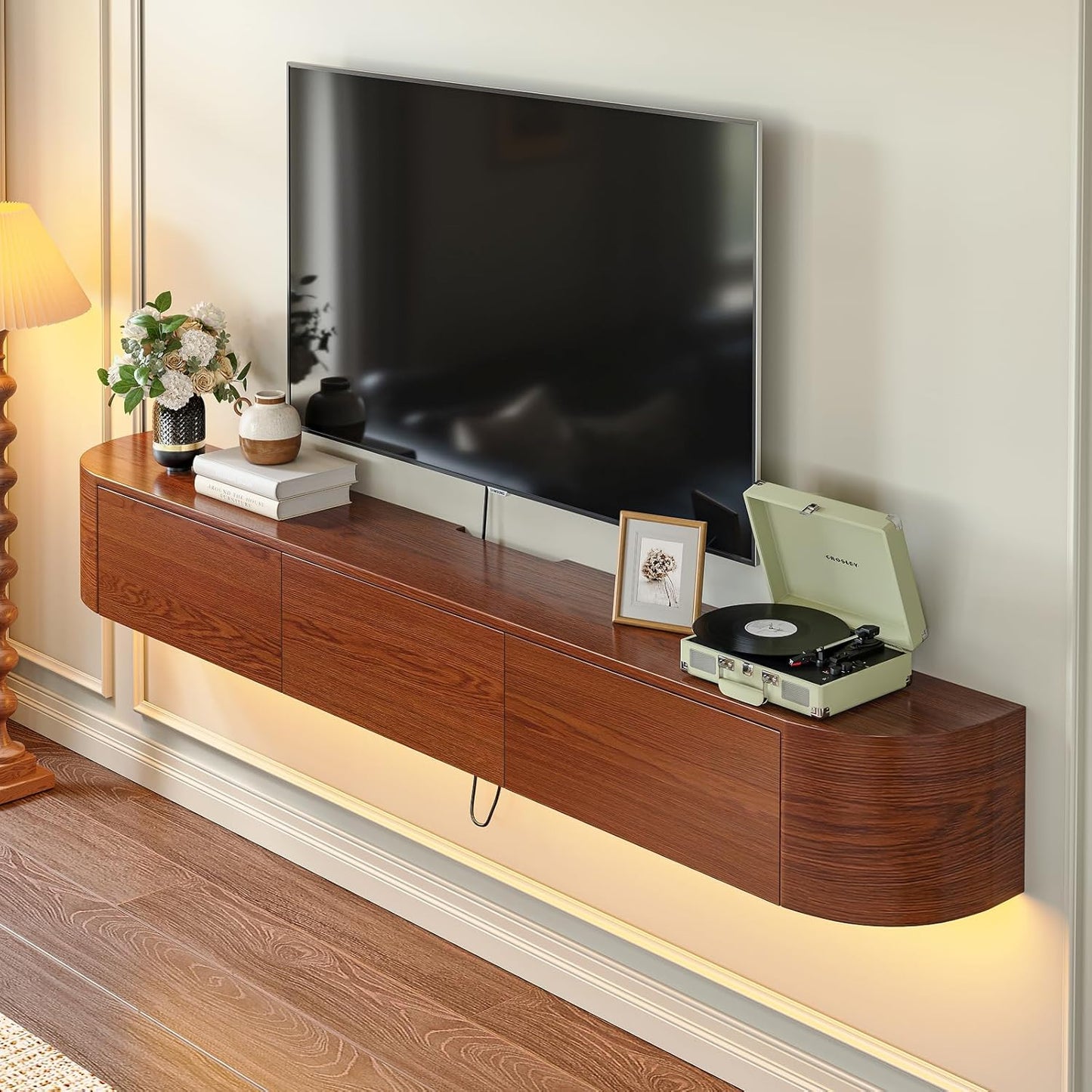 Fully Assembled Floating TV Stand with Drawers, 78IN Vintage Wall Mounted Entertainment Center, Minimalist Large Storage Console Under TV, Solid Wood Media Shelf for Living Room, Bedroom