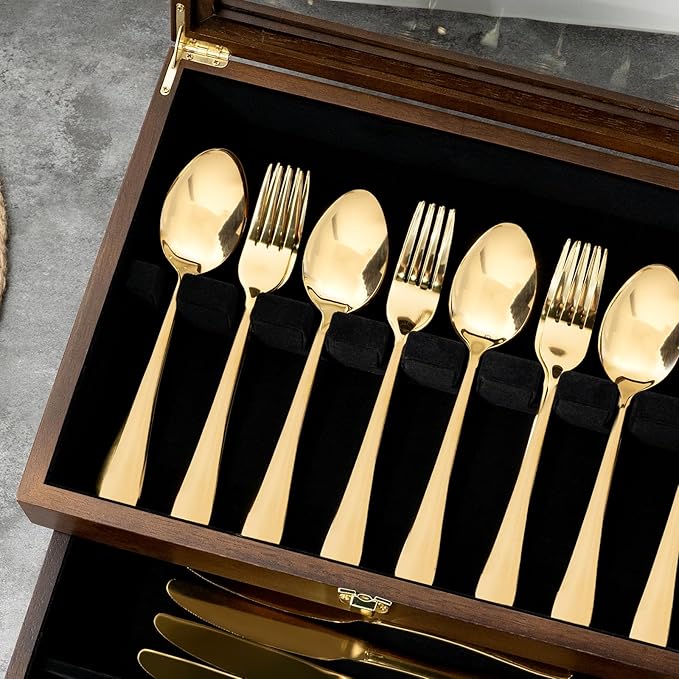 Silverware Box, 2-Layer Wooden Silverware Storage Box with Glass Lid, 14.5×10.6 Inches Luxury Style Decor Flatware Storage Case for Fine Flatware & Utensils, Gift Idea (Walnut)