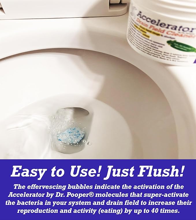 Drain Field Cleaner Tablets by Dr Pooper. Clears Septic Tanks and Drain Fields of Tough Clogs, Scum, Sludge AND Eliminates Odors FAST - Aerobic & Anaerobic Systems - Easy to Use, Just Flush.