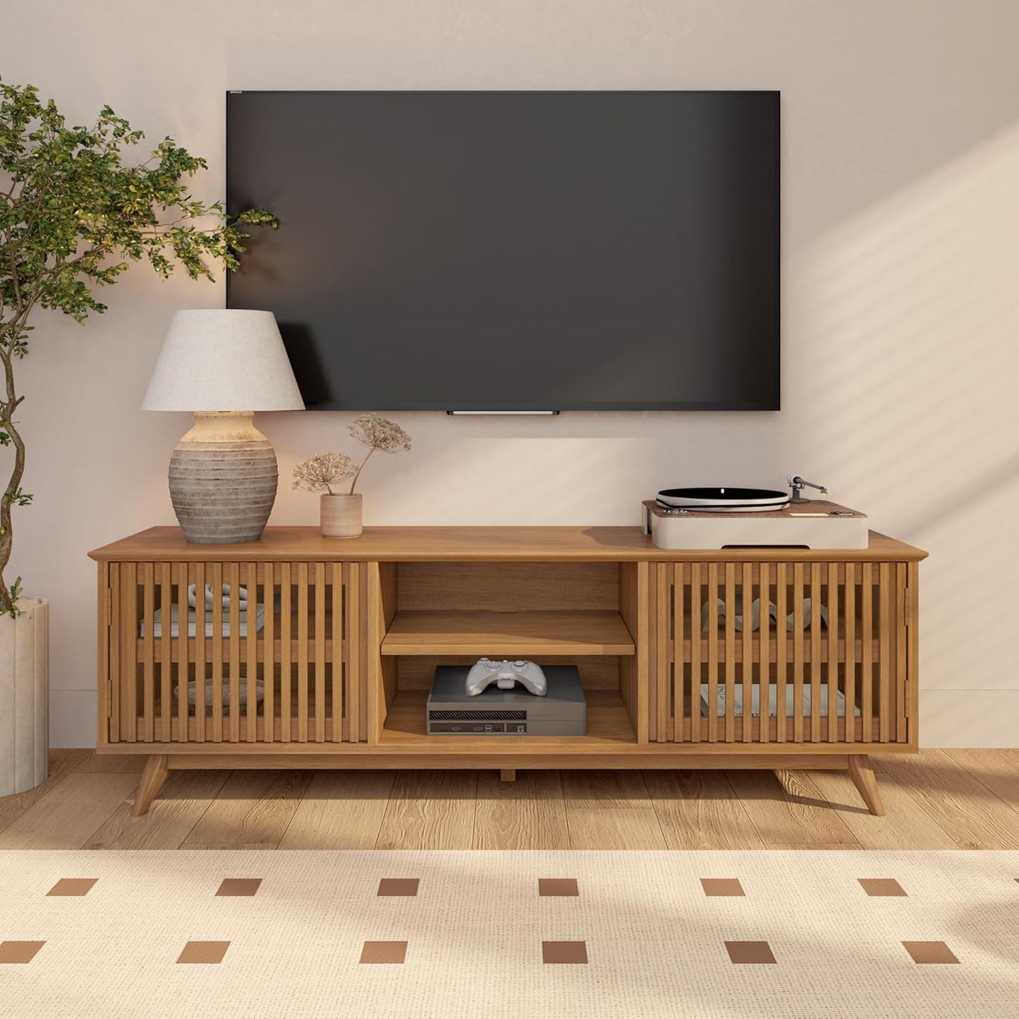 Plank+Beam Mid-Century Modern Wood TV Stand, Solid Wood Entertainment Console with Storage, 59" L x 16" W x 19" H, Pecan
