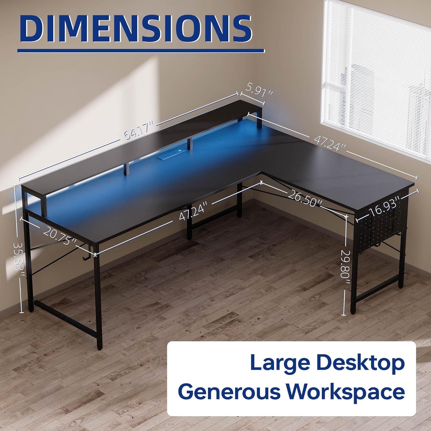 Pamray 64 Inch L Shaped Gaming Desk with Power Outlets and Led Lights, Large Corner Computer Desk with Monitor Stand and Pegboard, PC Table for Home Office and Bedroom White