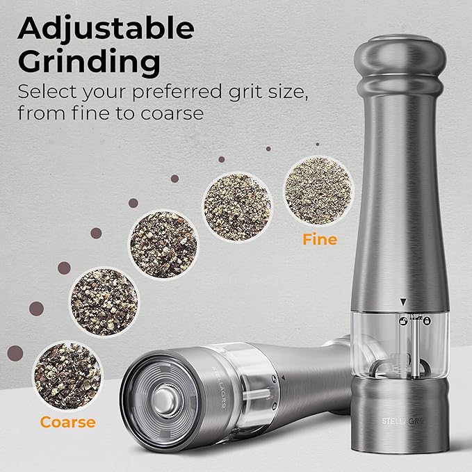 Electric Salt and Pepper Grinder Set, Automatic Battery Operated Salt and Pepper Shakers set with LED Light, Adjustable Coarseness, One Hand Operation, Refillable Grinder Set