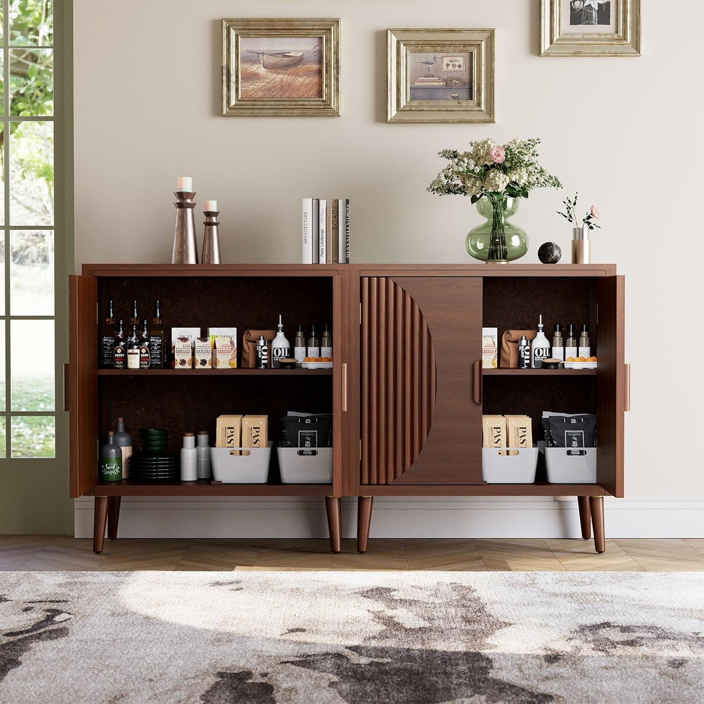 COSIEST Set of 2 30" Storage Sideboards with Doors, Accent Cabinets with Magnetic Push-to-Open Doors, Brown Line Pattern, Entryway Console for Living Room, Kitchen, Hallway