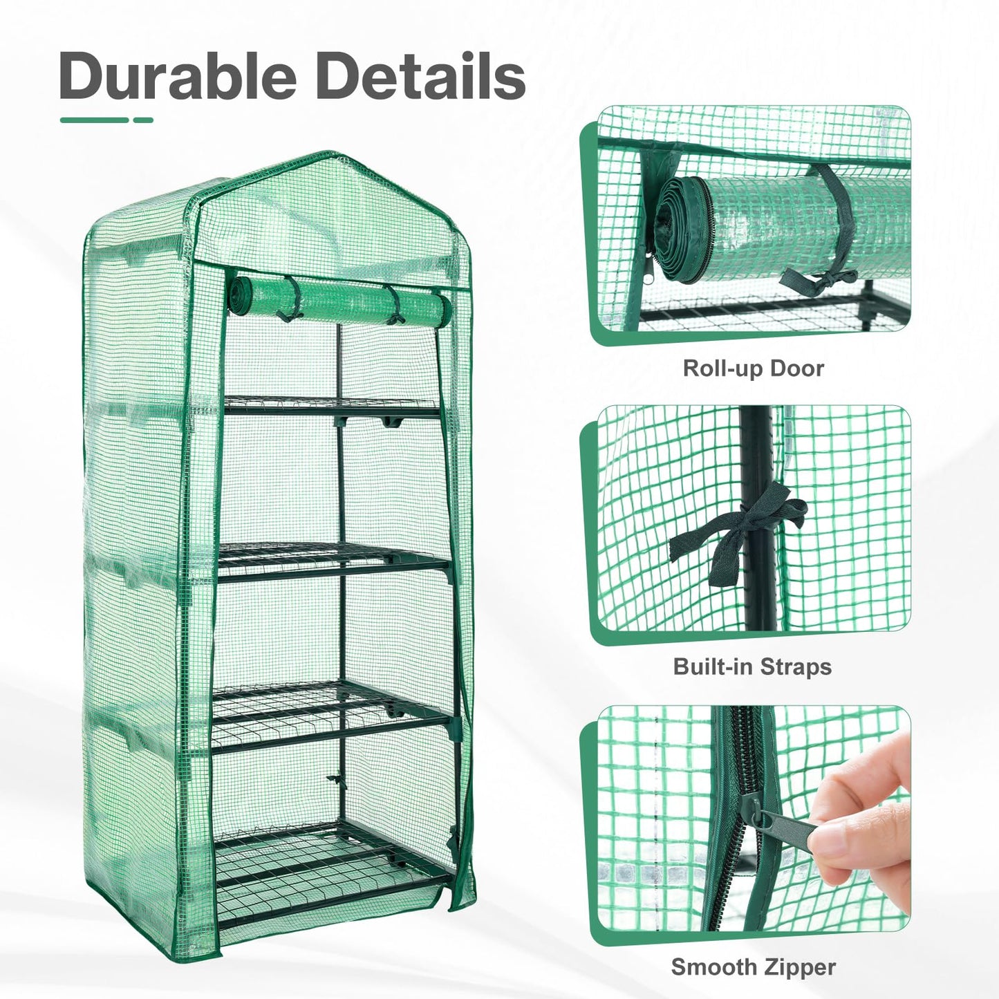 Aoodor 27x19x63 Inch 4 Tier Upgrade Greenhouse with Protective PE/PVC Base for Tidier and Cleaner Indoor Outdoor Gardening on The Deck, Patio or Backyard, Green