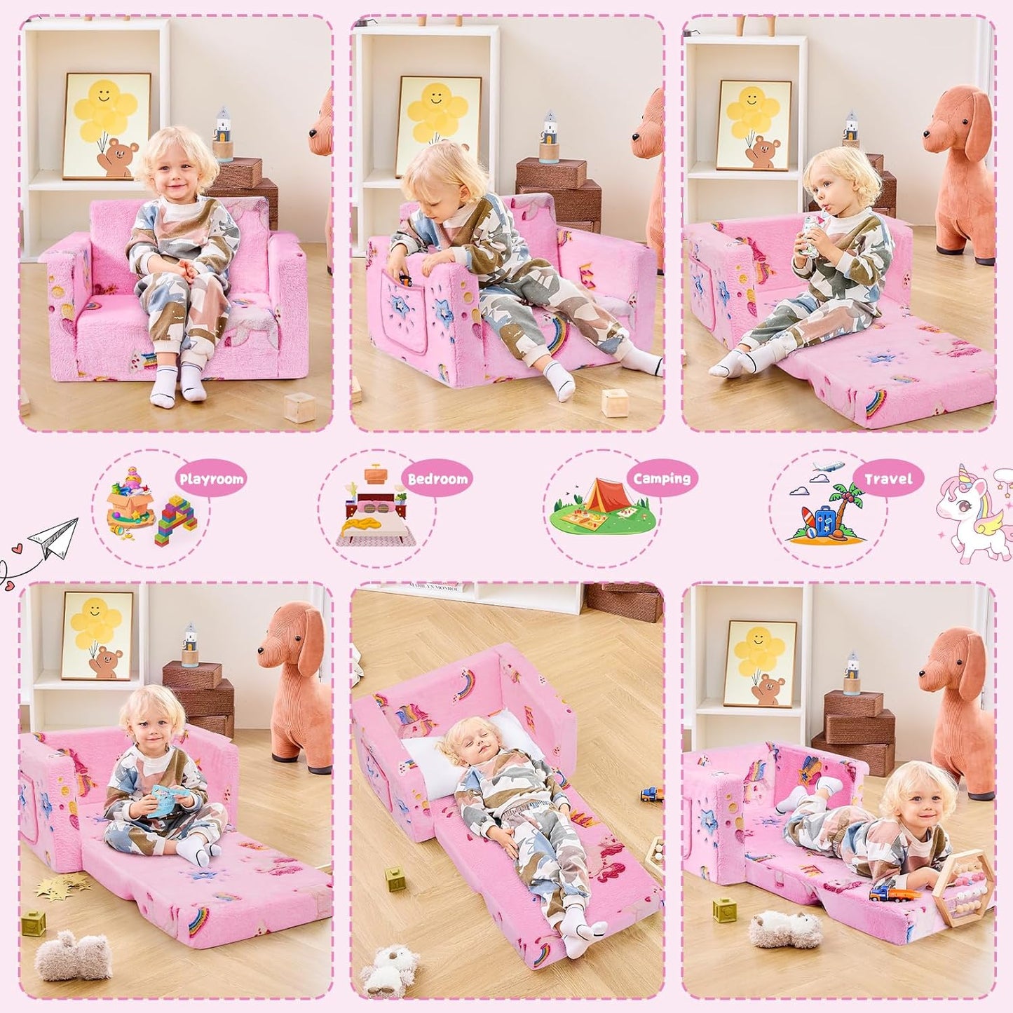 Toddler Chair Comfy,2-in-1 Soft Toddler Couch Fold Out for Kids,Convertible Sofa to Lounger,Gift for Girls and Boys Birthday,Rainbow