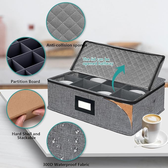 VERONLY Mug and Cup Storage Box with Dividers, Coffee Mug Storage Case China Storage Containers Hard Shell with Lid and Handles, Stackable for 12 Coffee Mugs, Tea Cups, Moving & Packing (Dark Grey)