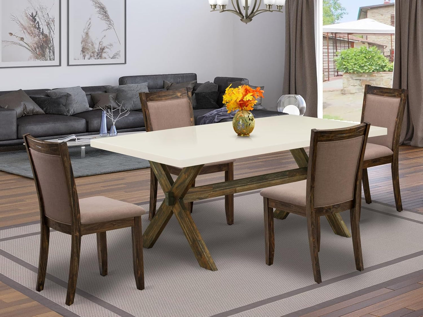 East West Furniture X727MZ748-5 5 Piece Dining Room Furniture Set Includes a Rectangle Dining Table with X-Legs and 4 Coffee Linen Fabric Upholstered Chairs, 40x72 Inch, Multi-Color