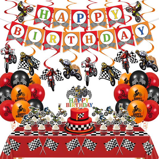 Dirt Bike Party Decorations Kit Motorcycle Theme Happy Birthday Banner Balloons Dirt Bike Hanging Swirls Tablecloth Cake Cupcake Toppers Decor for Boys Men Dirtbike Birthday Party Favors Supplies