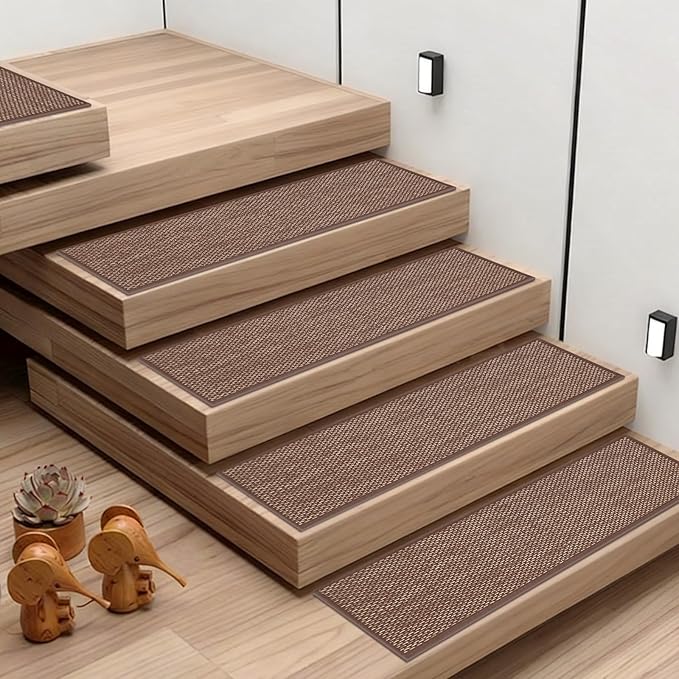 Natural Linen Non Slip Stair Treads, 15 Pack 8" X 30" Carpet Stair Treads with Reusable TPE Adhesive Backing, Non Slip Stair Runner Indoor for Kids Elders and Pets, Machine Washable, Brown Weave