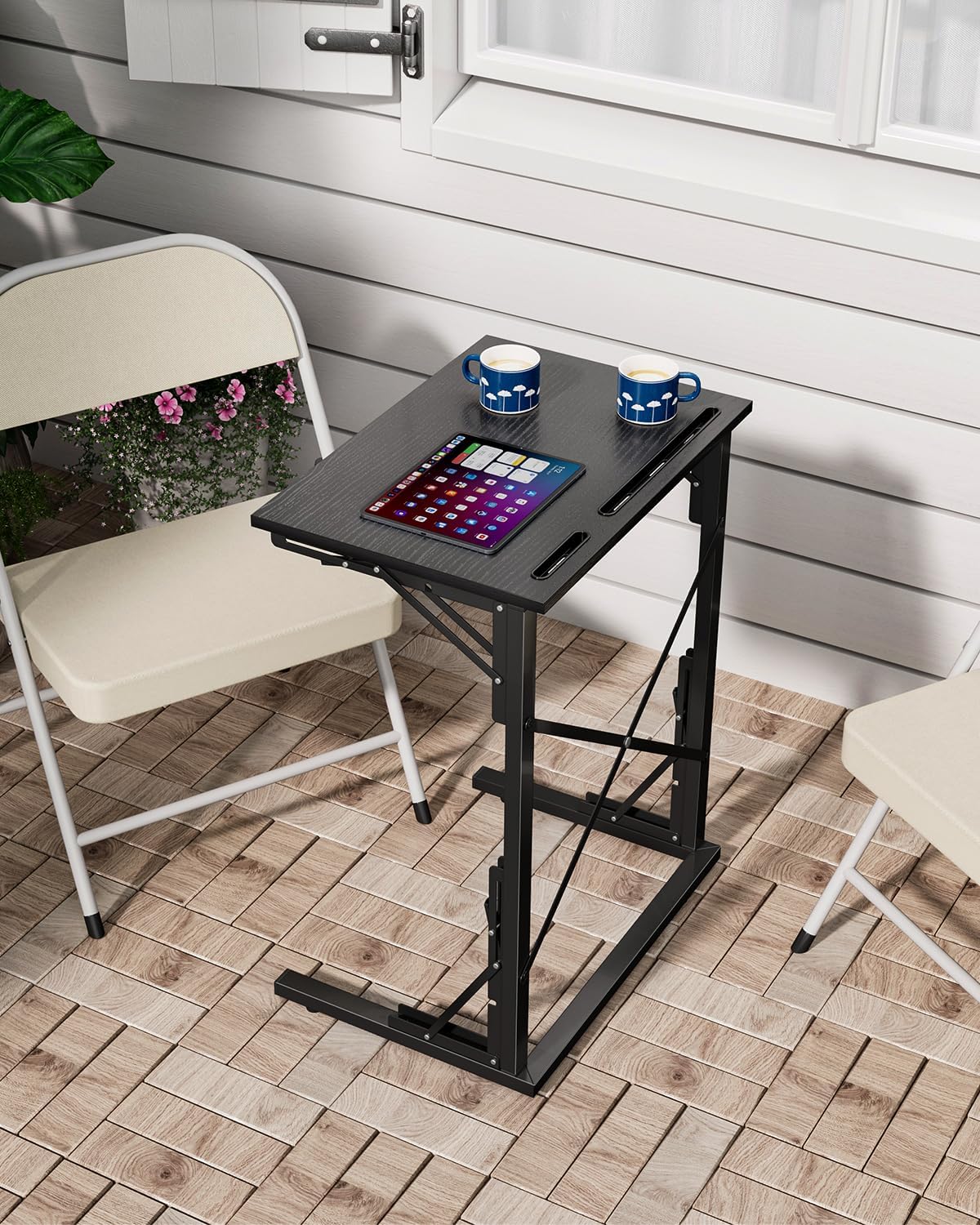 21''Wx28''H Folding TV Tray for Eating, Small Foldable C-Shaped Tray Table with Tablet and Phone Slots, Slide Under Couch Side Table for Recliner, Living Room, Bedroom, Black