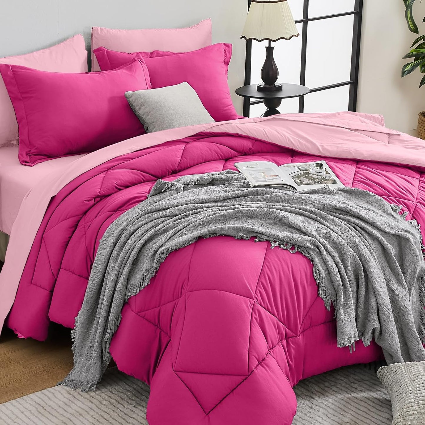 HEVUMYI Hot Pink & Baby Pink Queen Comforter Set - 7-Piece All Season Bed in a Bag Queen, Ultra Soft Bedding Set with Comforter, Flat Sheet, Fitted Sheet, Pillowcases, Pillow Shams