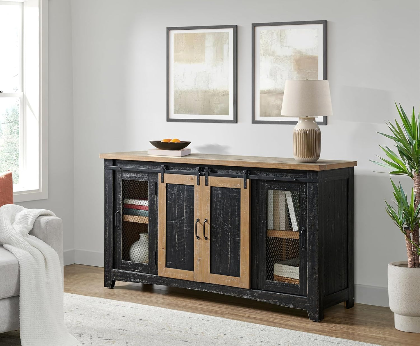 Martin Svensson Home Rustic 65" Black and Driftwood Solid Wood TV Stand with Storage