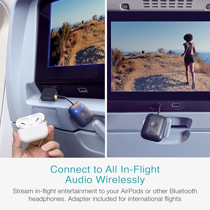 MEE Audio Connect Air in-Flight Bluetooth Wireless Audio Transmitter, with Extra Dual 3.5mm Jack AUX Adapter, for up to 2 AirPods/Other Headphones; Works with All 3.5mm Aux Jacks, Black