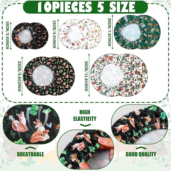 Patelai 10 Pcs Bowl Covers Reusable in 5 Size Stretch Cloth Fabric Elastic Food Storage Bowl Covers Bread Sourdough Lids for Proofing Food Fruits Leftover(Black, White, Brown, Green,Animal Style)