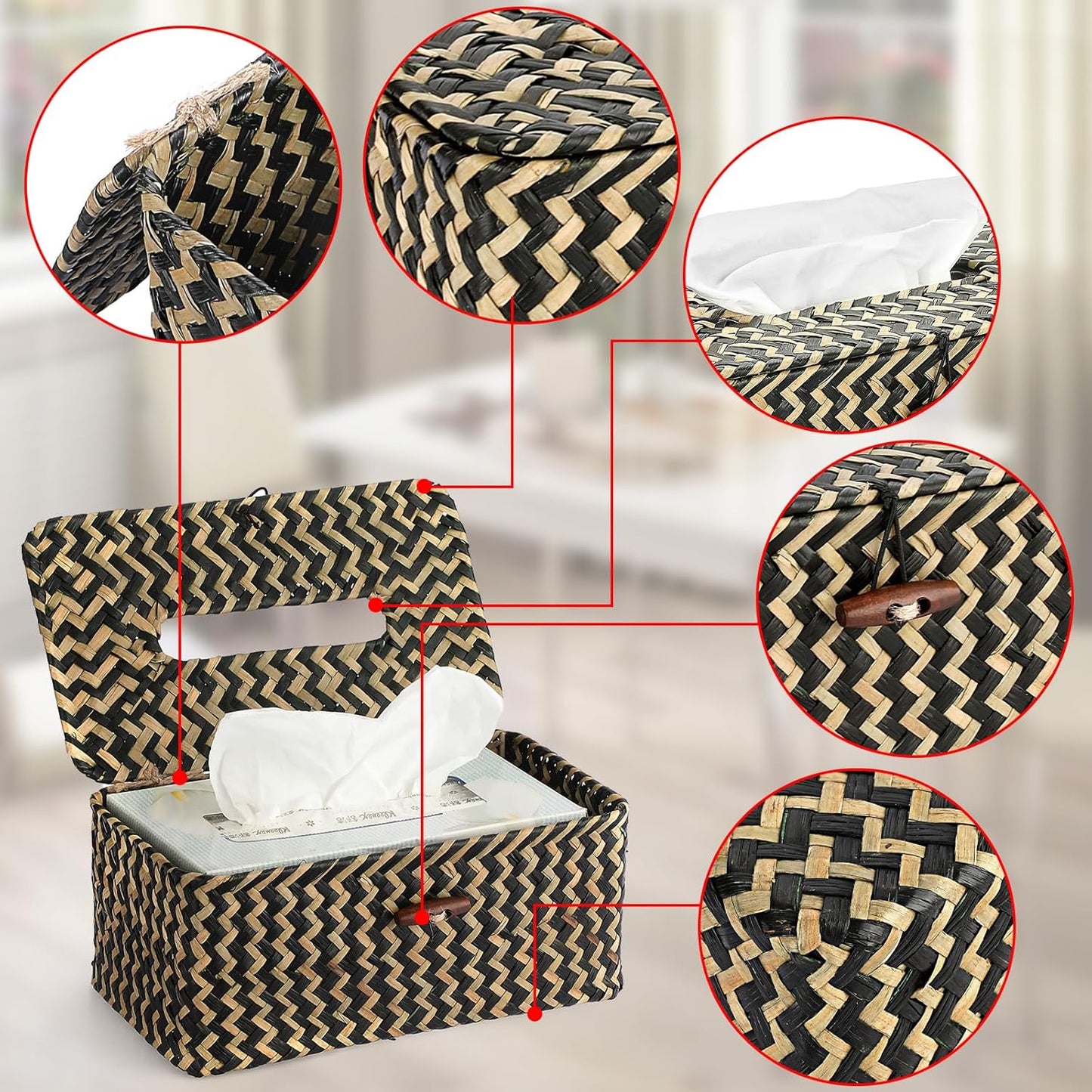 Sumnacon Tissue Box Cover Rectangle Tissue Box Seagrass Tissue Box Holder Woven Tissue Holder Decorative Tissue Cover for Bathroom Tissue Box Cover Rectangular for Home Office Table,Mixed Black