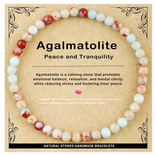 AD Beads 4mm Handmade Agalmatolite Elastic Bracelet – Natural Gemstone for Peace and Tranquility – Meditation, Yoga, Healing and Energy Gift for Men Women