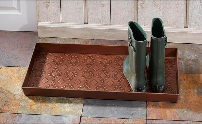 HF by LT Kilim Pattern Metal Boot Tray, 30 x 13 inches, Antique Copper Finish