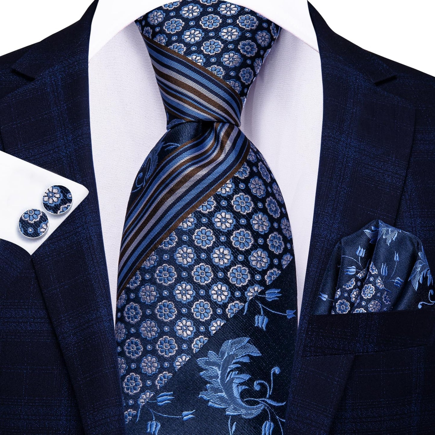Hi-Tie Men 63inches Tie Set Extra Long Necktie Paisley Tie Pocket Suqare Cufflinks Big and Tall Men Tie
