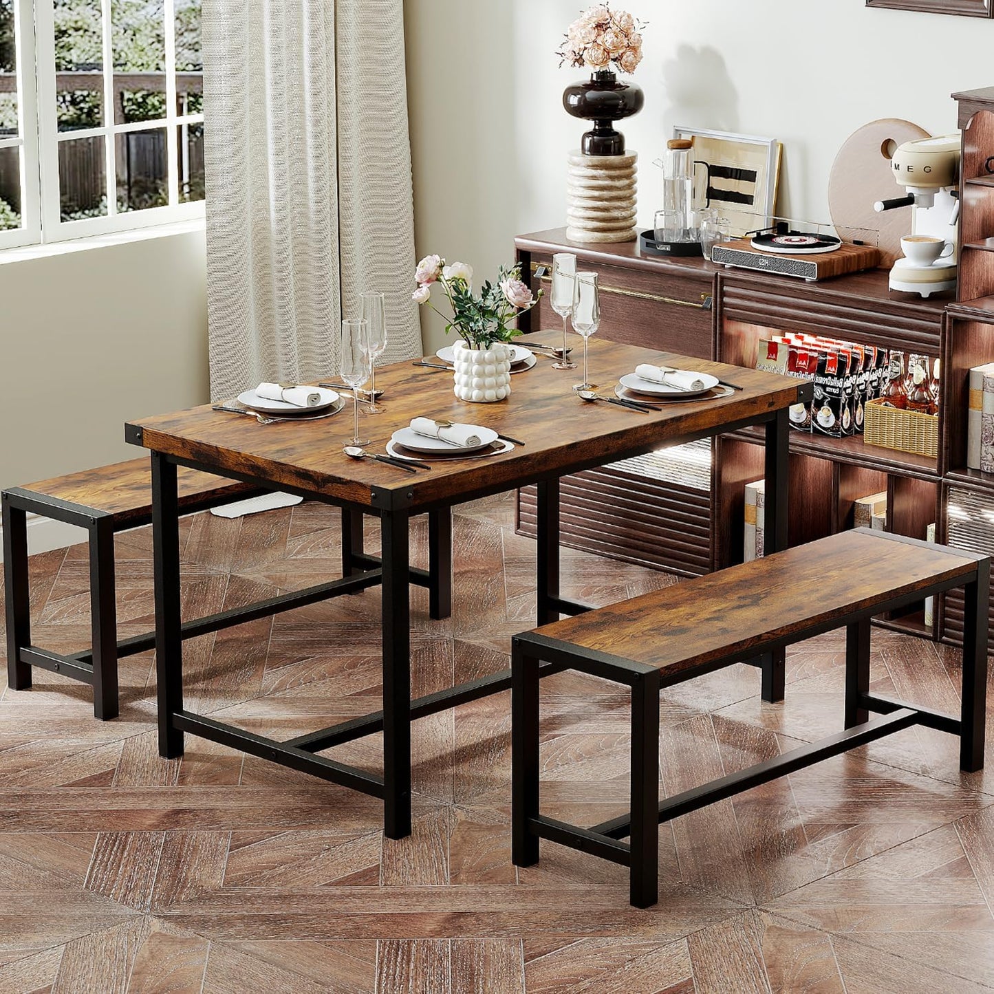 Garvee Dining Table Set for 4, Kitchen Table with Benches, 3 Piece Rectangular Dining Room Set with 2 Wooden Benches for Small Space, Apartment, Studio, Home, Rustic Brown