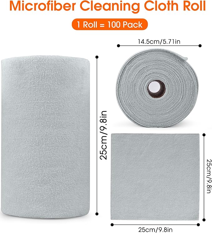 Microfiber Cleaning Cloth Roll–100 Pack, Tear Away Microfiber Towels, Reusable, Washable, Scratch-Free, Kitchen Towels for Car, Home, Kitchen, Glass, Dishes(Cloud Gray)