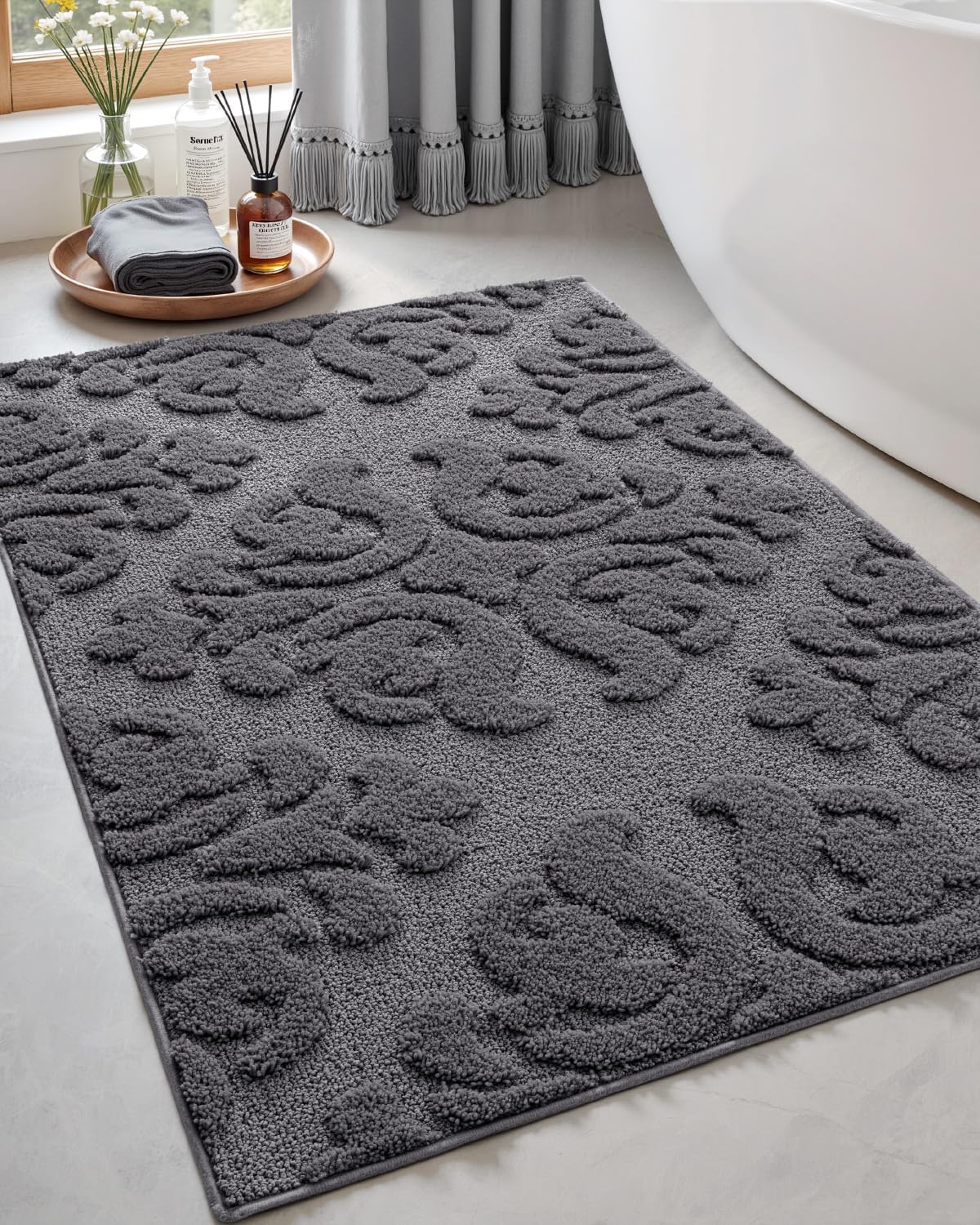 DEXI Bathroom Rug 17x30, Non Slip Washable Bath Mat for Shower Floor, Absorbent Soft Bathmat with Rubber Backing, Plush Fluffy Microfiber Floral Retro Carpet, Dark Grey