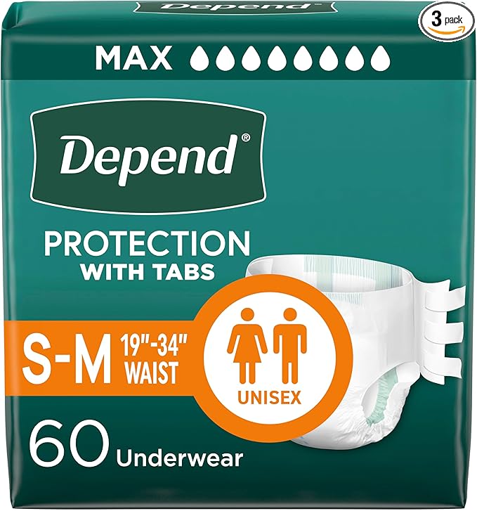 Depend Adult Diapers with Tabs, Incontinence Protection with Tabs, Unisex, Small/Medium (19–34" Waist, Up To 170 lbs), Maximum Absorbency, 60 Count (3 Packs of 20)