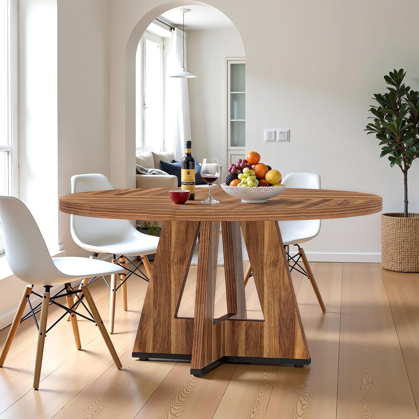 Round Dining Table for 4, 47 Inch Dinner Table Farmhouse Wooden Circle Kitchen Tables with Cross Base for Dining Room, Kitchen, Living Room, Vintage Brown