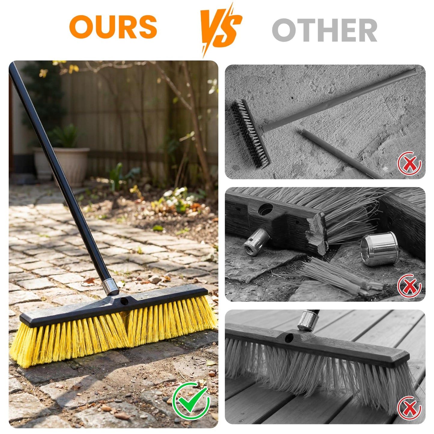 TOMAIX 24 Inches Push Broom Outdoor，Commercial Broom Brush，Stiff Bristle Brush with 61.8 inches Long Handle for Patio Garage Deck Street Shop Warehouse Lawn Driveway -3 Pack