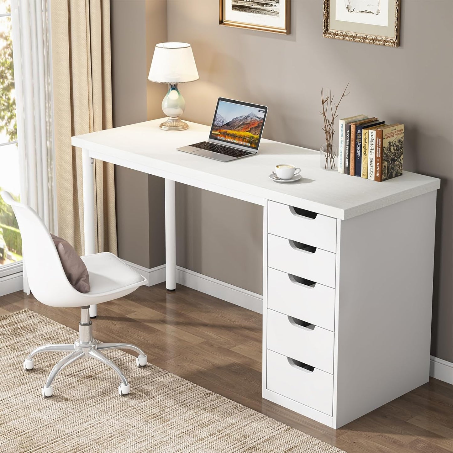 Tribesigns Computer Desk with 5 Drawers, 47 inches Rustic Brown Home Office Desk with Storage, Modern Simple Laptop Desk Study Writing Table for Small Spaces (1, White)