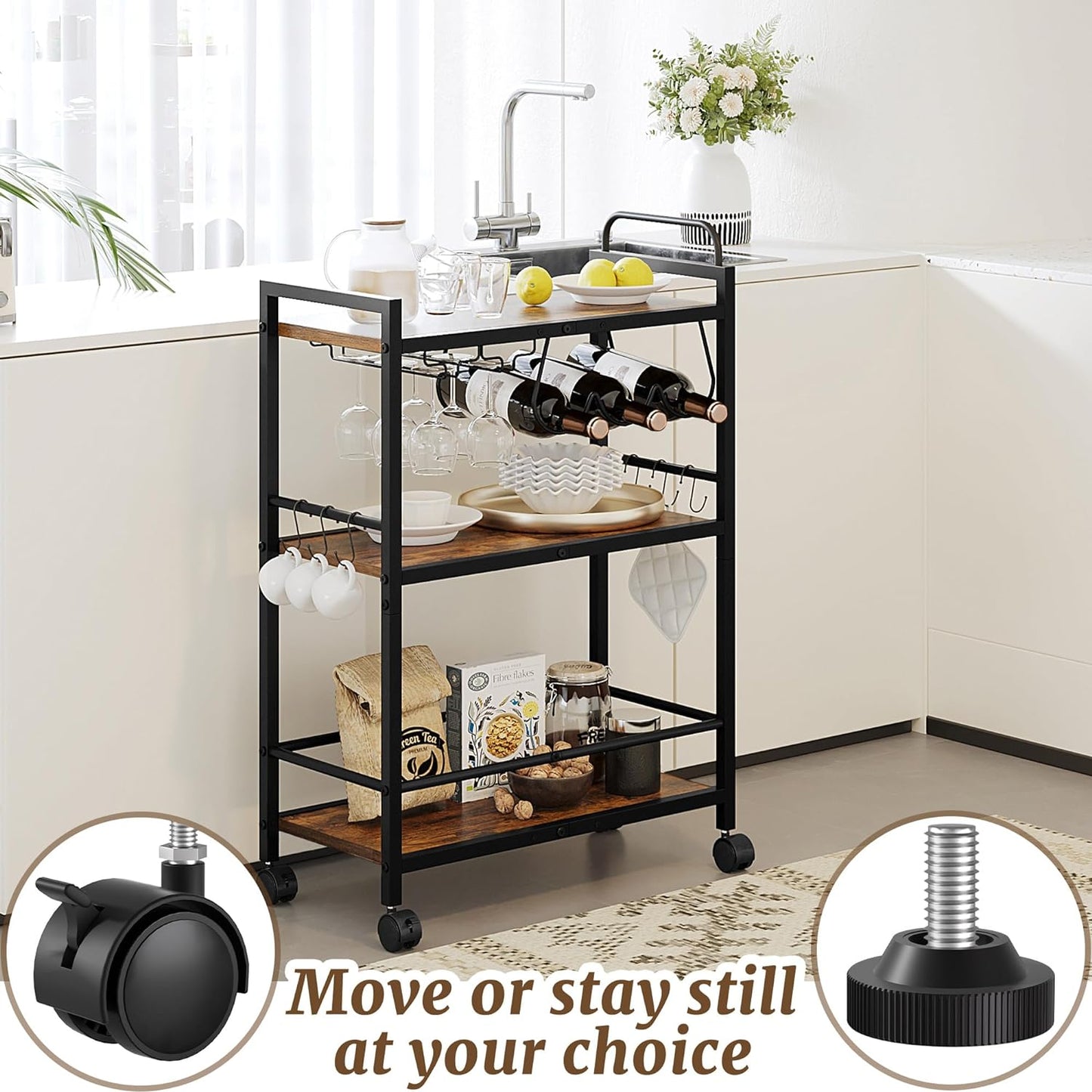 Home Bar Serving Cart, Serving Cart with Wheels and Handle, 3 Tier Rolling Kitchen Cart, Microwave Cart, Beverage Cart with Wine Holder and Glass Holders, for Dinning Room, Living Room, Black
