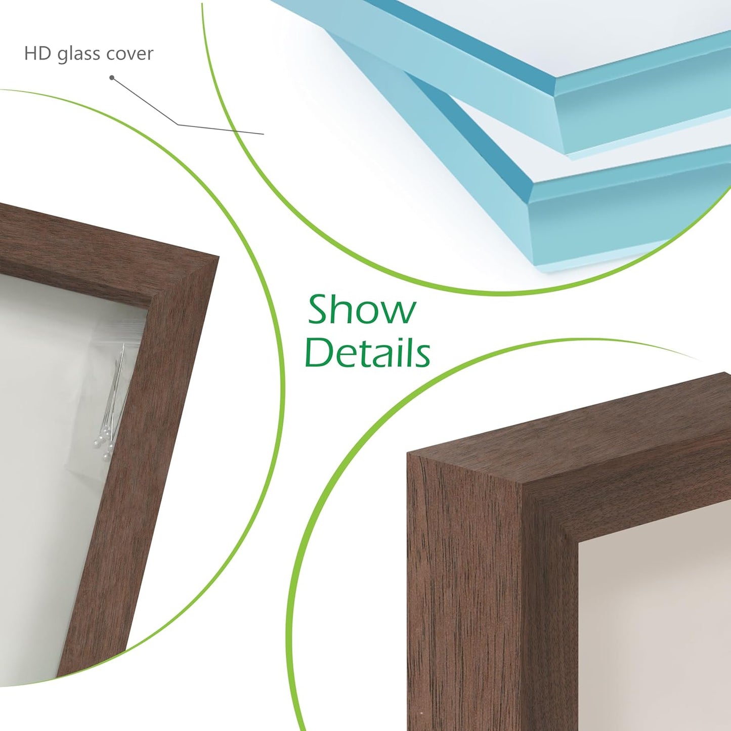 FrameWorks 11” x 11” Dark Oak Wooden Shadow Box Frame – Display Case with Soft Felt Back, Memory Box with Tempered Glass, Display Box with Elegant White Ball Push Pins, Wooden Flower Box