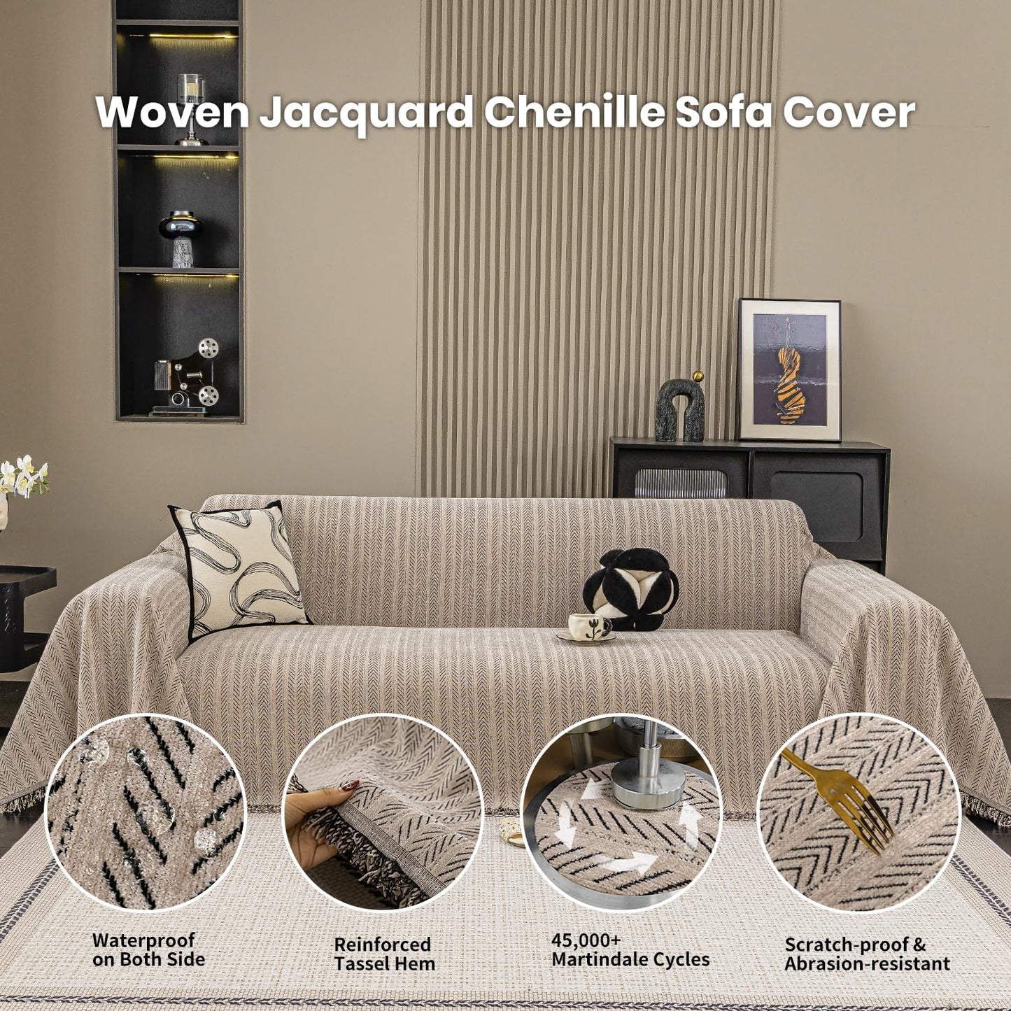 Nobildonna Sofa Cover Washable Soft Thicken Chenille Couch Cover with Tassel,Waterproof Sofa Slipcover for 2-3 Cushion Couch,Sectional Sofa,L-Shaped Furniture Protector Pet-Friendly,Brown 71"x118"