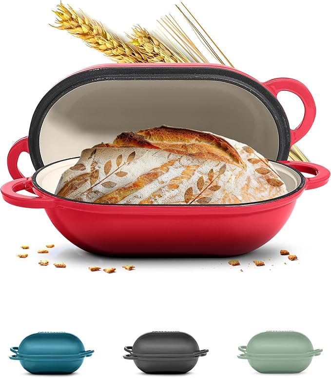 Signature Enameled Cast Iron Sourdough Bread Oven | Non-Stick with Tight Fitting Lid for Perfect Baking and Bread Making | 2QT Oval Oven With Lid [Red]