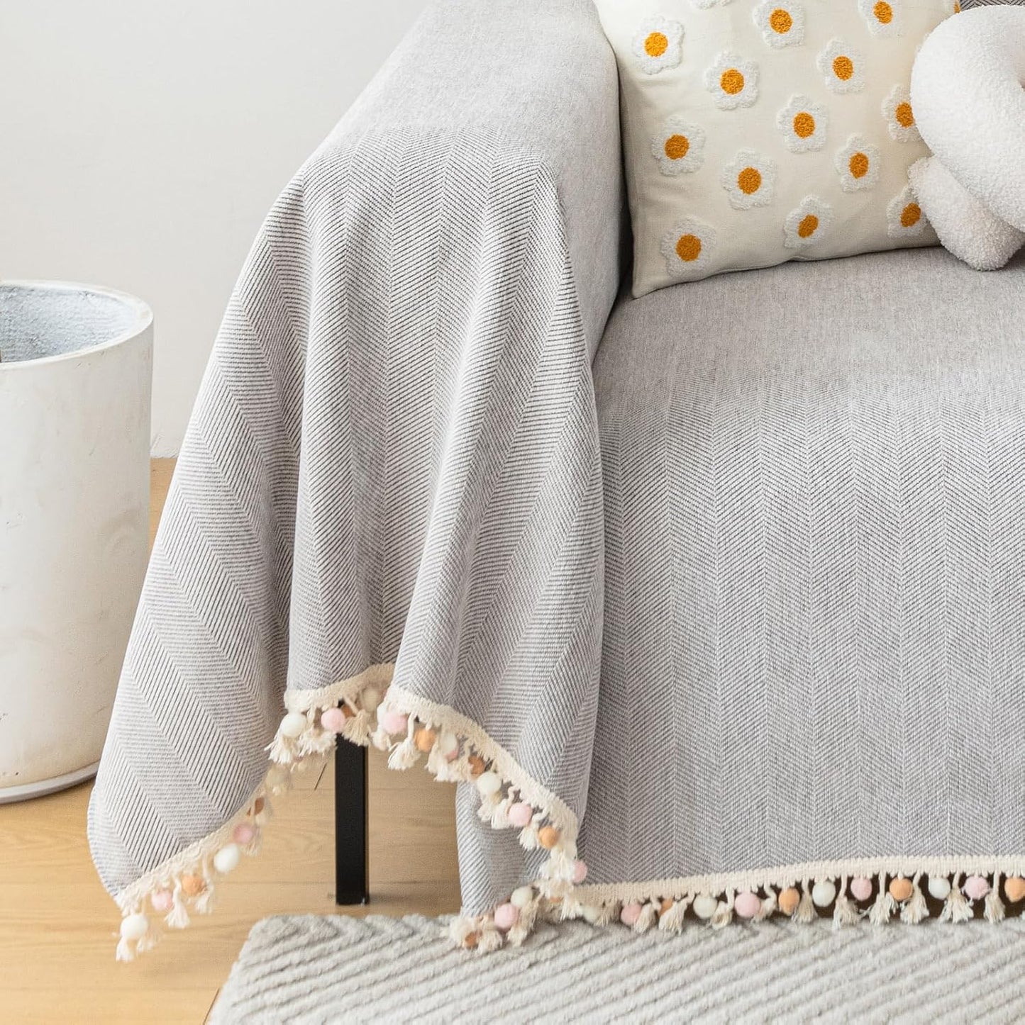 HANDONTIME Grey Sofa Cover for Couch Boho Couch Cover for 3 Seat Dog Couch Cover Love Seat Couch Covers Light Grey Sofa Sectional Cover 71" X134" Tassel Chenille Herringbone Sofa Covers Washable